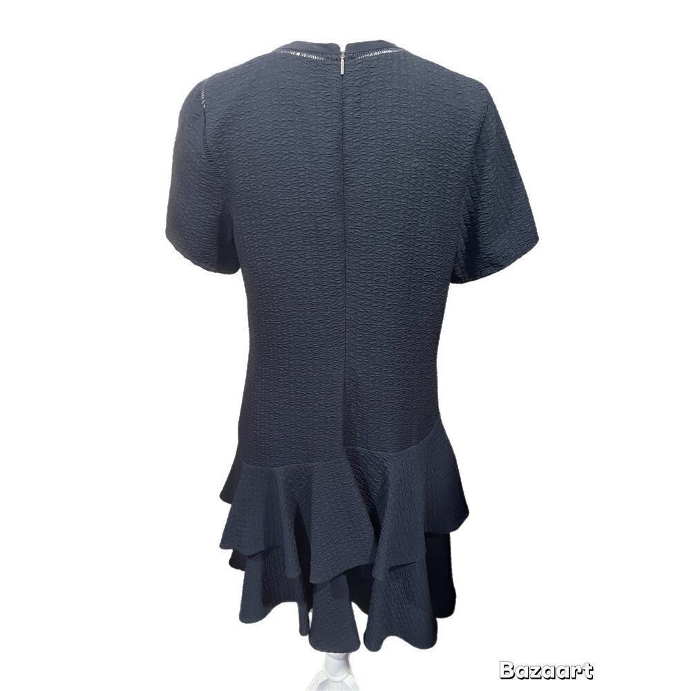Rebecca Taylor Dress Size 12 Navy Blue Short Sleeve Zip Up Back Lined Ruffled - Picture 4 of 8